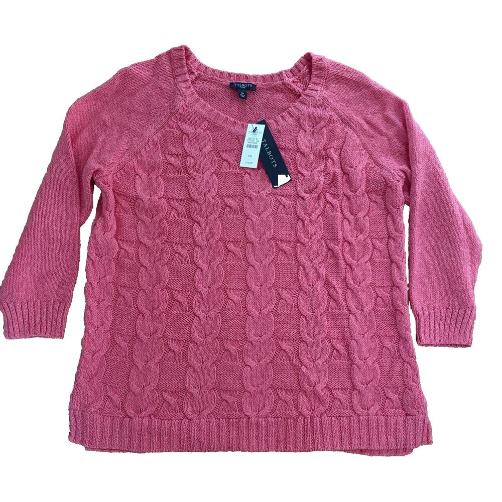 Talbots Sweater Womens Petite Small Cable-Knit Coral Crew Neck Cotton Linen NWT